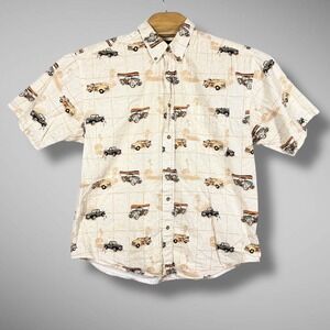 Puritan Shirt Mens Large Beige Woody Car Print Button Up Short Sleeve‎ Hawaiian